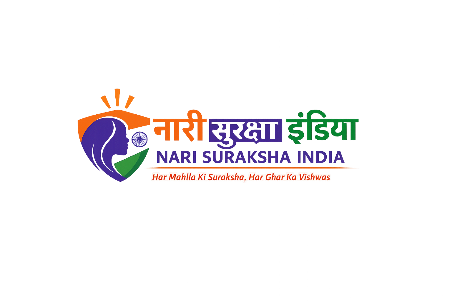 Nari Suraksha India logo with women safety shield icon in Indian tricolor theme and tagline Har Mahila Ki Suraksha Har Ghar Ka Vishwas