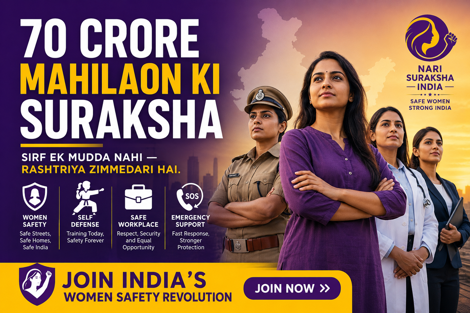 70 Crore Mahilaon Ki Suraksha women safety awareness campaign poster by Nari Suraksha India